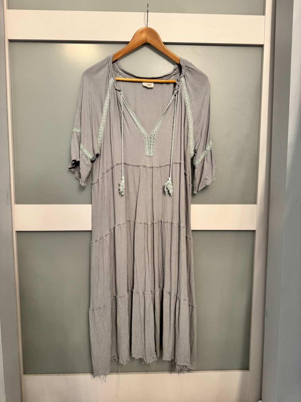 1.4.3. Story by Line Up Light Gray Raw Hem Maxi Dress with Crochet Accents